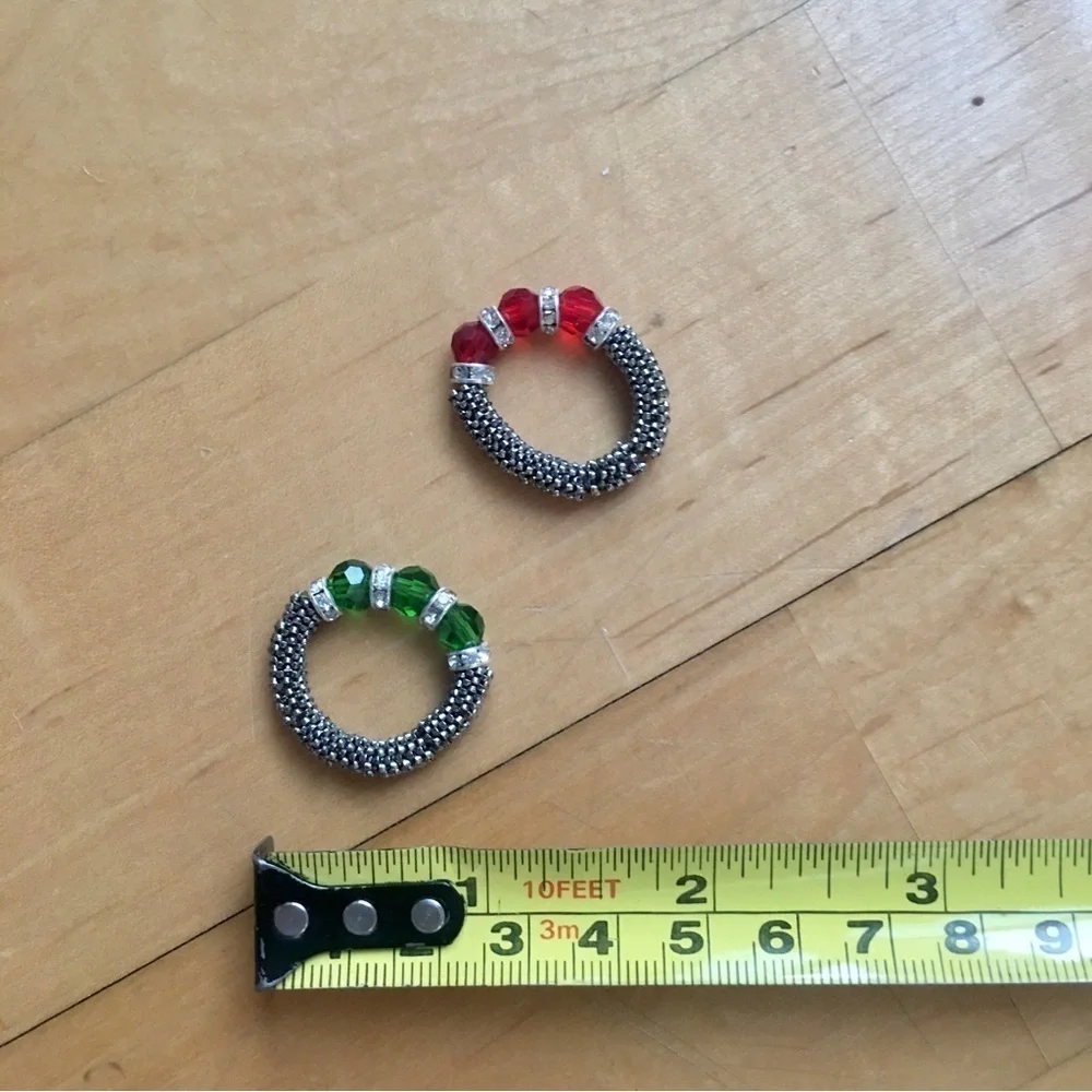 Set/2 Beaded Elasticized Fashion Rings, Red, Green